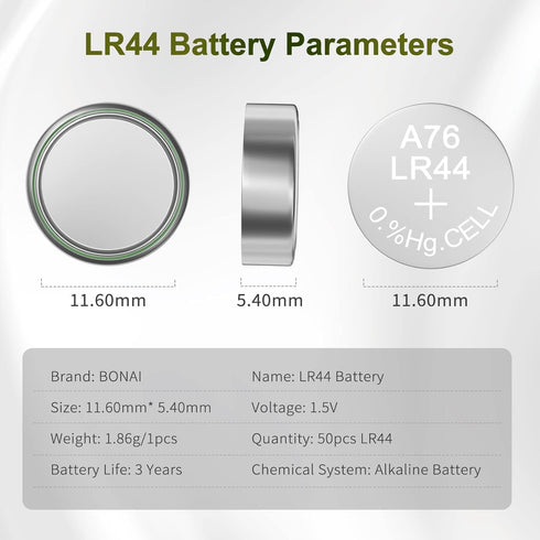 BONAI LR44 AG13 Batteries 1.5V Button Cell Battery (50 Count) - High Capacity Packaging Upgrade