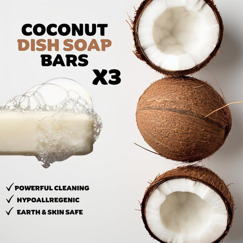 Coconut Dish Soap Bar, Organic, Pack of 3, 3.8 oz each, Skin-Safe, Non-Toxic, Sustainable Kitchen Soap