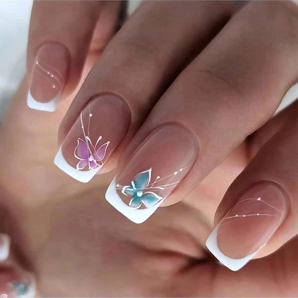 White French Tip Press on Nails, Medium Square Fake Nails with Butterfly Lines Design, 24Pcs Full Cover