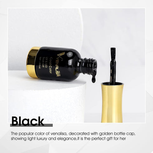 VENALISA Gel Nail Polish, 12ml Black Color Soak Off UV LED Nail Gel for Nail Art Starter Manicure Salon DIY