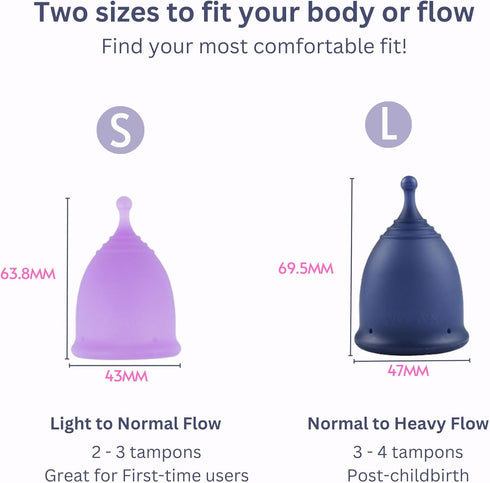KAVODA Pack 2 Menstrual Cups with Sterilising Cup & Gel Wash - Reusable, Easy to Use, of in Small & Large Size
