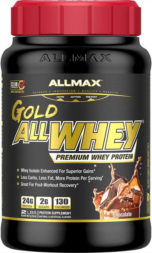 ALLMAX Gold ALLWHEY Protein, Chocolate, 2 lb, 24 Grams Per Scoop, Gluten Free, Low Carb, Low Sugar