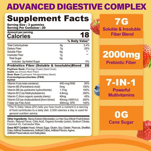 1Pack Prebiotic Fiber 7G Supplement Gummies for Adults + Psyllium Husk, Sugar Free - Soluble + Insoluble Fiber - 2000mg Prebiotic Fiber Blend, Inulin, Multivitamin for Daily Digestive & Regularity Gut