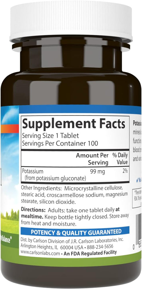 Carlson - Potassium, 99 mg, Promotes Nerve Health & Muscle Function, 100 tablets