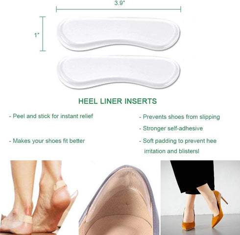 Heel Cushion Inserts, Nonslip Self-Adhesive Silicone Shoe Insoles for Women, Pads, Liners, Protectors for High Heels