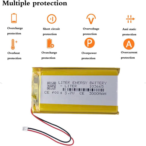 Liter energy battery 3.7V 103665 3000mAh Pack 1.25mm Lithium Polymer ion Battery Rechargeable Polymer Battery with JST