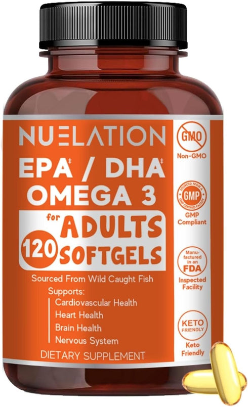Fish Oil 2000mg, Wild Caught Omega 3, 120 Softgels, Non-GMO, Gluten Free, Keto Friendly, 60 Servings