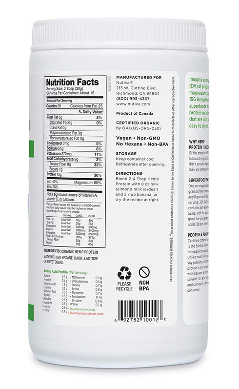 Nutiva Organic Cold-Processed Hemp Protein, Non-GMO Canadian Hempseed, 15g, 16 Ounces