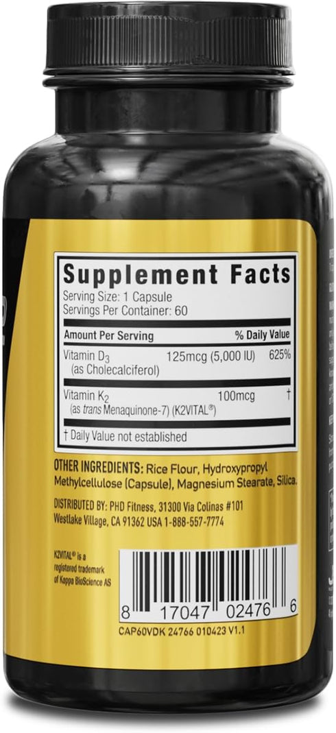 JYM D3 + K2 with 5000iu D3 & 100mcg of Vitamin K2 as MK-7, Bone, Cardiovascular + Immune Health for Men & Women, Softgel