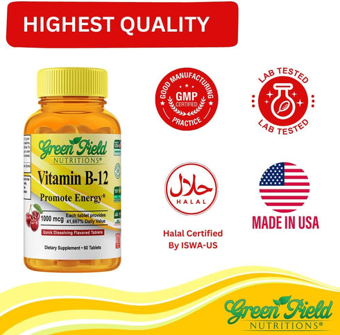 Greenfield Nutritions Halal Vitamin B12 1000mcg - 60 Sublingual Tablets - Cherry Flavored Fast Absorption