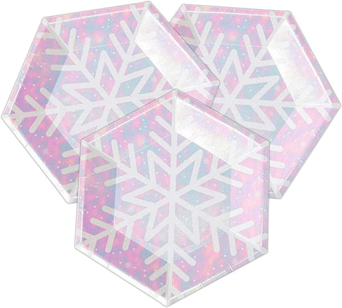 Snowflake Wonderland Party Supplies, Disposable Glitter Iridescent Pink Paper Plates Freezing Winter Tableware