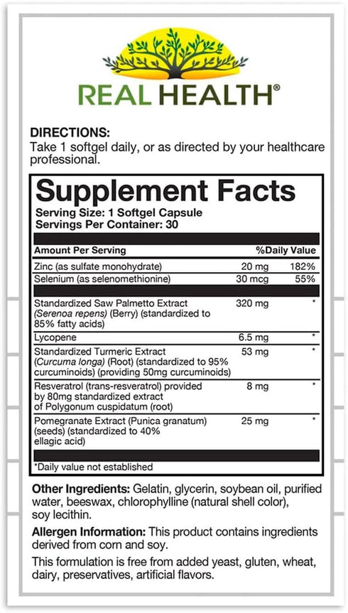 Real Health Prostate Complete Supplements for Men, 30 Count, Saw Palmetto Formula