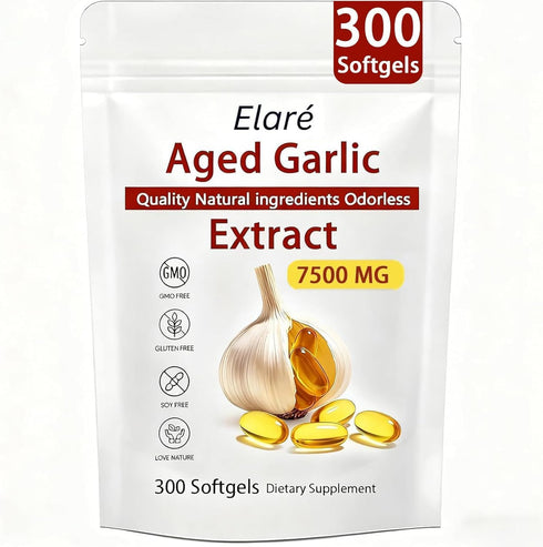 YLOTRE Elare Aged Garlic Extract, 7500mg Organic Garlic Capsules Supplement, Potent Heart &