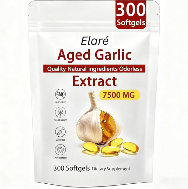 YLOTRE Elare Aged Garlic Extract, 7500mg Organic Garlic Capsules Supplement, Potent Heart &