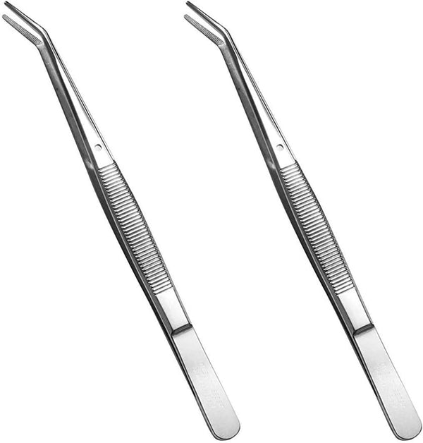 Stainless Steel Tweezers with Curved Serrated Tip, Multipurpose Sewing Machine Tweezers Forceps (2 Pcs Set)