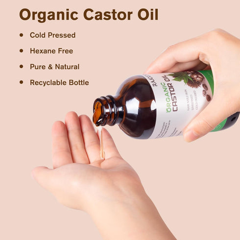 RAJOSEE Pack 8oz (50pcs Castor Oil with Castor Oil Organic Cold Pressed, Cotton Castor Oil Wrap for Waist Back Neck