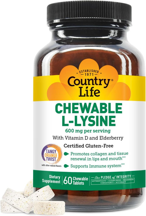 Country Life Chewable L-Lysine Supplement with Vitamin D and Elderberry, Immune Support for Adults