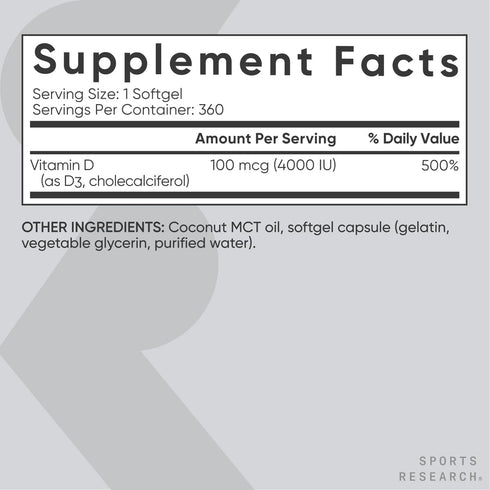 Sports Research Vitamin D3 4000 IU with Coconut MCT Oil - 360 Liquid Softgels, Non-GMO Verified