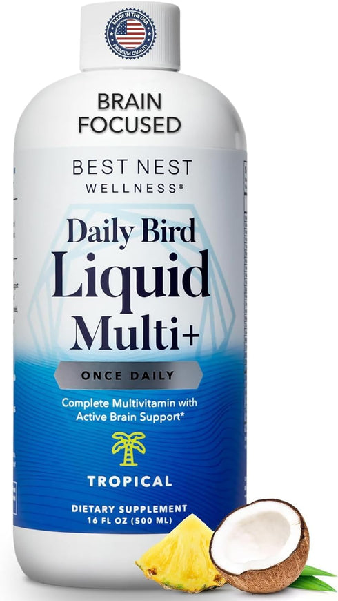 Best Nest Wellness Kids Liquid Multivitamin, Vegan, Gluten-Free, Tropical Flavor, 16oz with Brain Support