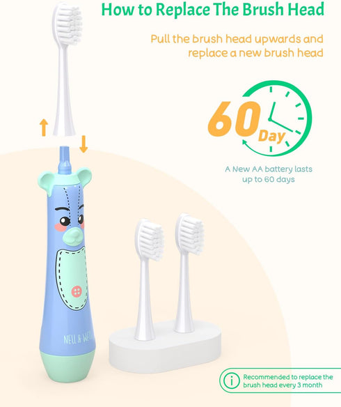 NELL&WELL Kids Electric Toothbrush, 2-Min Timer, 3 Modes, IPX 7 Waterproof, Battery Powered for Ages 3+