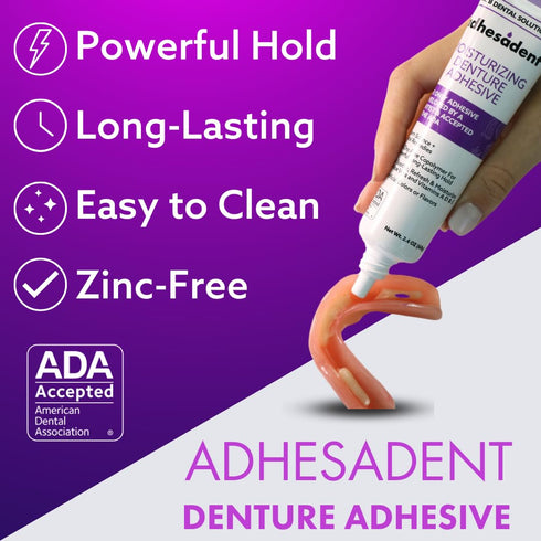 Dr. B Dental Solutions Adhesadent Moisturizing Denture Adhesive - Secure Denture Glue, Zinc-Free, 2.4 oz
