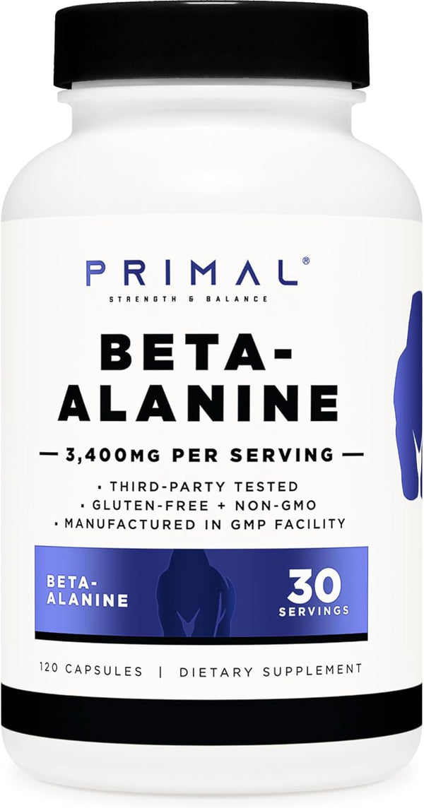 Primal Beta-Alanine Capsules | 3400mg Supplement (30 Servings, 120 Capsules) | Gluten-Free & Non-GMO, 850mg Per Cap