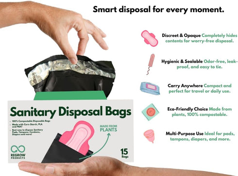 Pack 15 D6400 Sanitary Disposal Bags (Single x Bags) Bio-Based PLA, Leak-Proof & Odor-Lock Bags (Meets ASTM Standards)