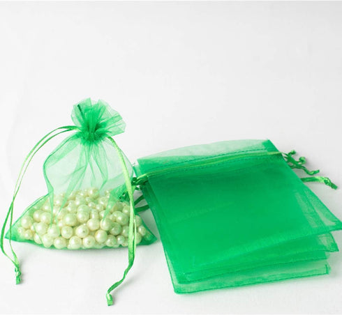 100pcs 4x6 inch Gifts Wrap Bags - Green Organza Sheer Fabric Bulk, Drawstring Reusable Pouch for Baby Shower Favor