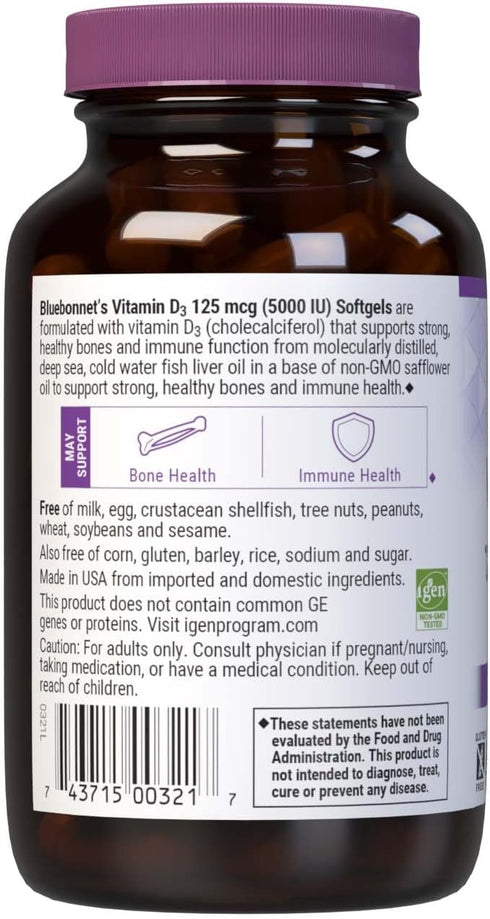 Bluebonnet Nutrition Vitamin D3 5000 IU Softgels, 100 Count, Non GMO, Gluten, Soy & Dairy Free