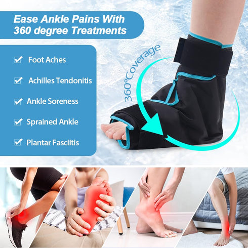 NEWGO Black Ice Pack Wrap for Foot, Plantar Fasciitis Relief, Gel Cold Pack for Ankle Swelling & Sprained Heels