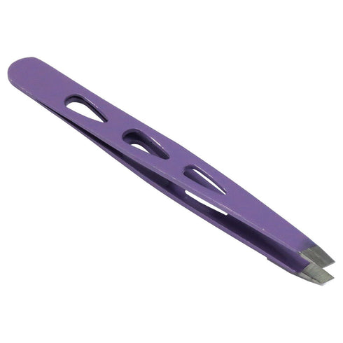 HTS 172D3 4" Purple Slanted Eyebrow Tweezers with Droplet Holes