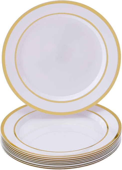Gold and White Plastic Plates, Disposable Silver Spoons – Elegant Party Plates – 10 Dinner Plates – 10.25”