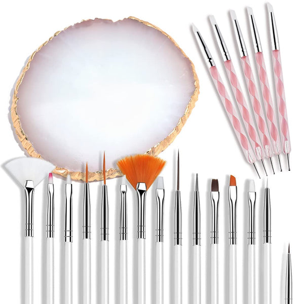 AUOCATTAIL Nail Art Design Tools 15pcs Painting Brushes Set with 5pcs 2-way Dotting Pens & Gold-rimmed Resin Palette