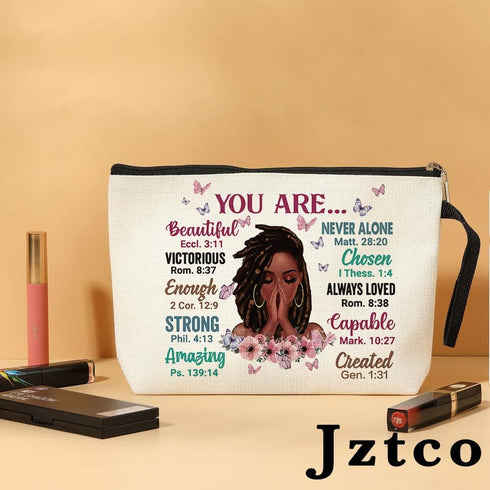 Inspirational African American Makeup Bag - You Are Beautiful Strong Amazing Created Travel Makeup Zipper Bag Black Girl African American Gifts for Black Women Friends Sisters Mom Aunt