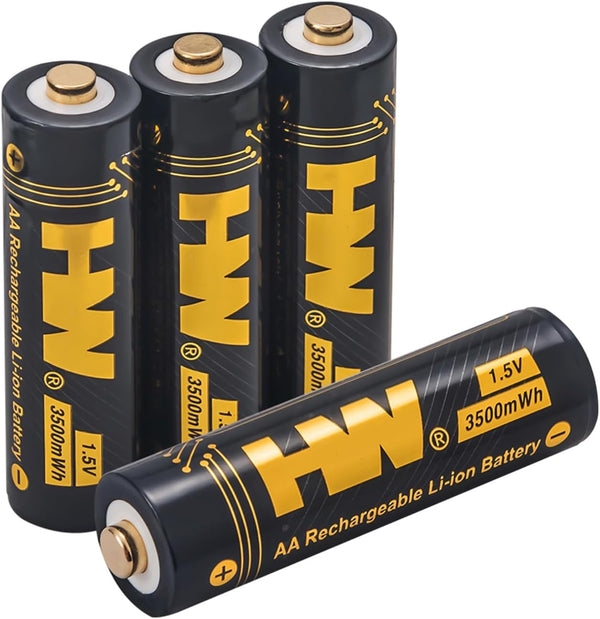HW 4 Pack Rechargeable Lithium AA Batteries, 1.5V 3500mWh, Fast Charge, Long-Lasting Power, 1000+ Cycles