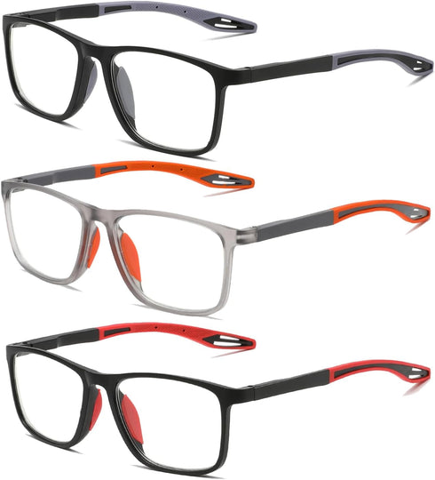 Hubeye TR90 Sports Reading Glasses - 3 Pairs for Men and Women, Ultralight Flexible Anti-Blue Light Readers +3.0
