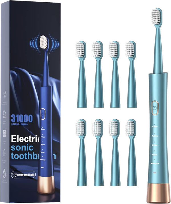 USB Rechargeable Sonic Electric Toothbrush for Adults, High Vibration Teeth & Gum Care, Soft Dupont Brush Heads, Green