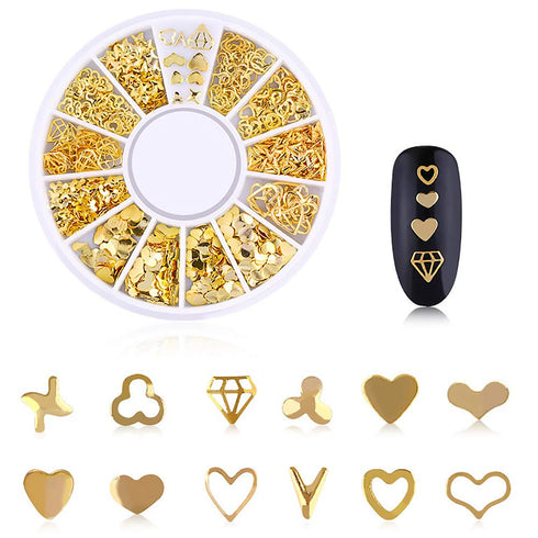 WOKOTO 6 Boxes Gold Nail Charms Studs, 3D Nail Art Jewelry Decoration Kit with Tweezers and Picker Pencil