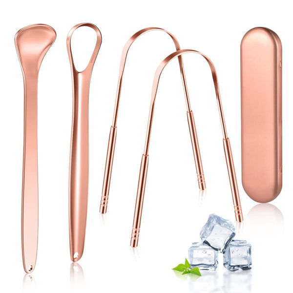 MORGLES Copper Tongue Scraper, 4Pcs Medical Grade Tongue Scrapers with Case for Adults & Kids, Gold