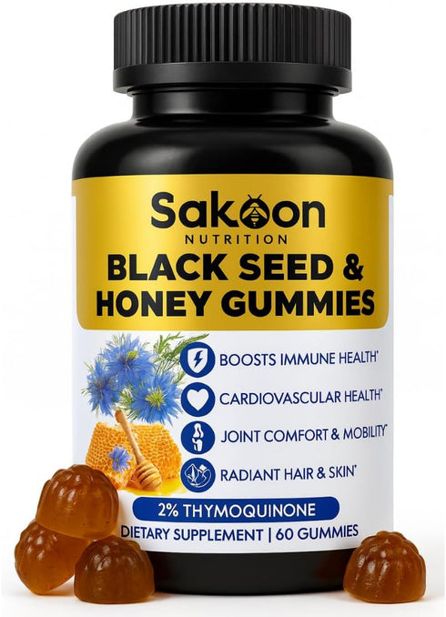 Sakoon Nutrition Black Seed Oil Gummies with Honey, 2%+ THYMOQUINONE, Super Antioxidant for Immune Support, 60 Gummies
