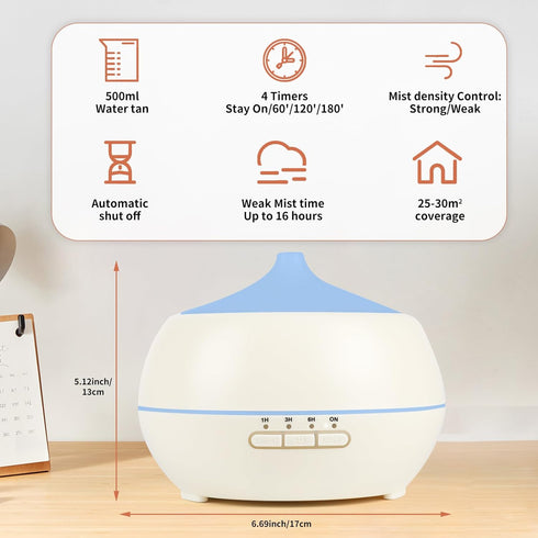 HAPPTWS 500ML 7-Color Essential Oil Diffuser - BPA Free Ultrasonic Aromatherapy Diffuser, with Lights - Waterless Auto