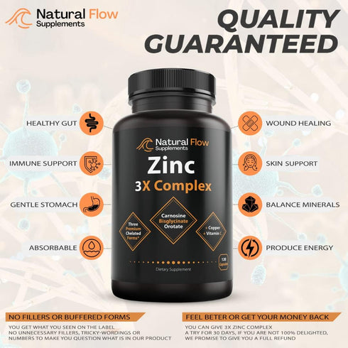 Zinc Supplement Complex with Copper and Vitamin C - Natural Flow 3X Zinc Carnosine, 120 Capsules, Immune Support