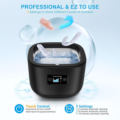 Ultrasonic Retainer Cleaner Machine, 45kHz LED Light Cleaner for Dentures, Aligner, Mouth Guard