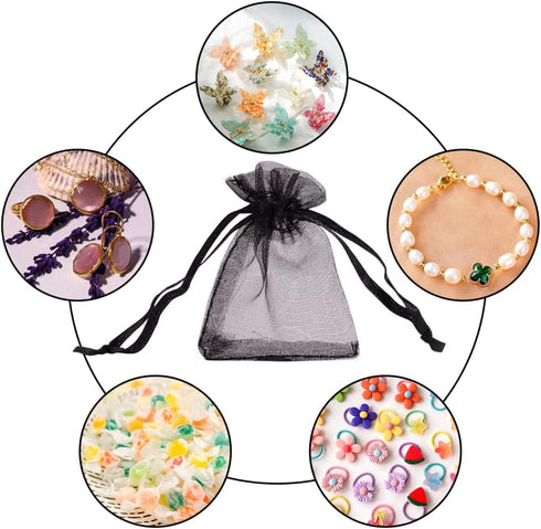 Pandahall 100pcs Black Organza Mini Pouch Bags with Ribbons - Drawstring Gift Bags (1.96x2.75")(5x7cm)