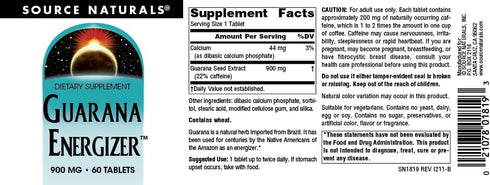 Source Naturals Guarana Energizer, 900 mg Dietary Supplement, 60 Tablets