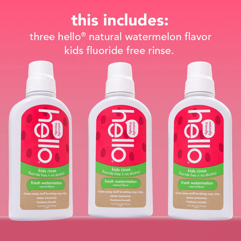 Hello Natural Watermelon Flavor Kids Mouthwash, Fluoride Free, Alcohol Free, Vegan, 16 Fl Oz (Pack of 3)