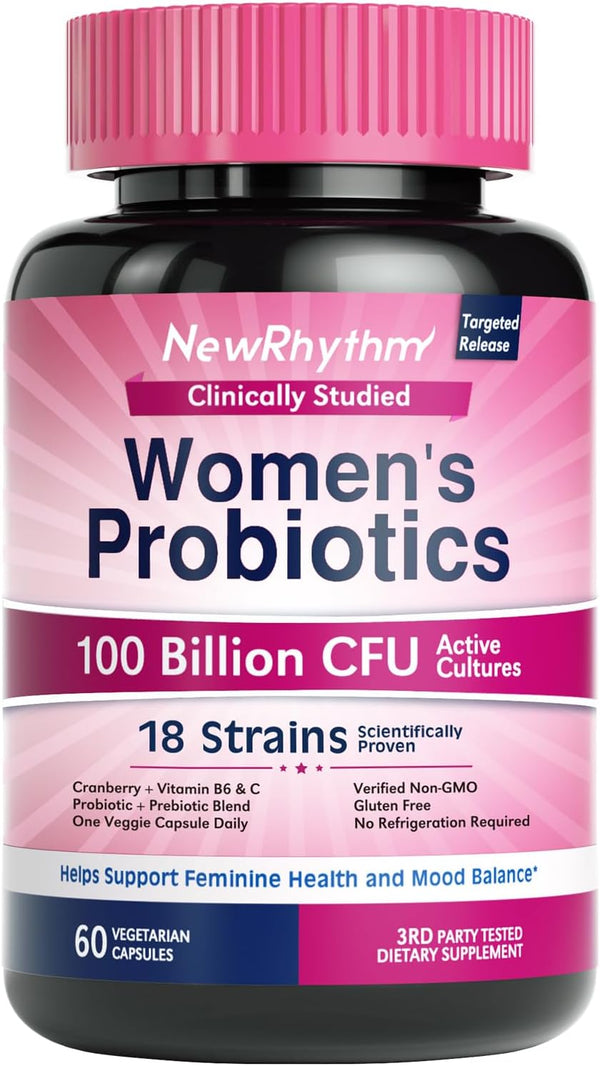 NewRhythm Probiotics for Women with P-5-P, Vitamin C & Organic Cranberry, 100 Billion CFU 18 Strains, 60 Capsules, No