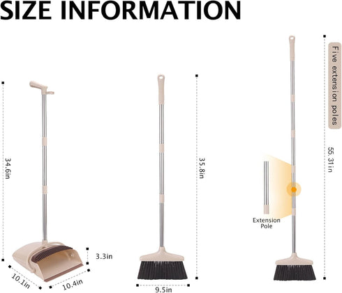 Set 1-Pack Broom and Dustpan with Long Handle, Light Weight Stainless Steel Poles Stand Upright Dustpans with Broom