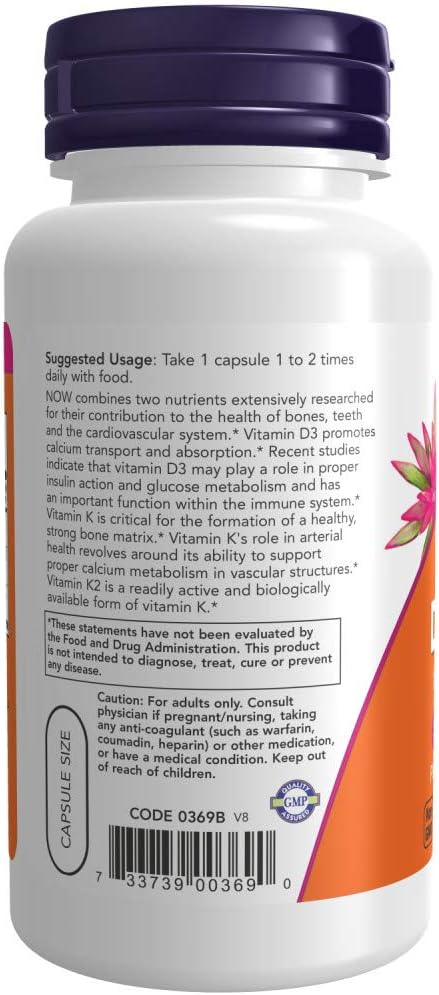 Now Foods Vitamin D-3 & K-2, 120 Veg Capsules, 2 Pack