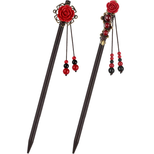 WILLBOND 2 Pieces Chinese Wooden Hair Sticks, Retro Hairpins, Japanese Classic Chopsticks, Handmade Flower Hair